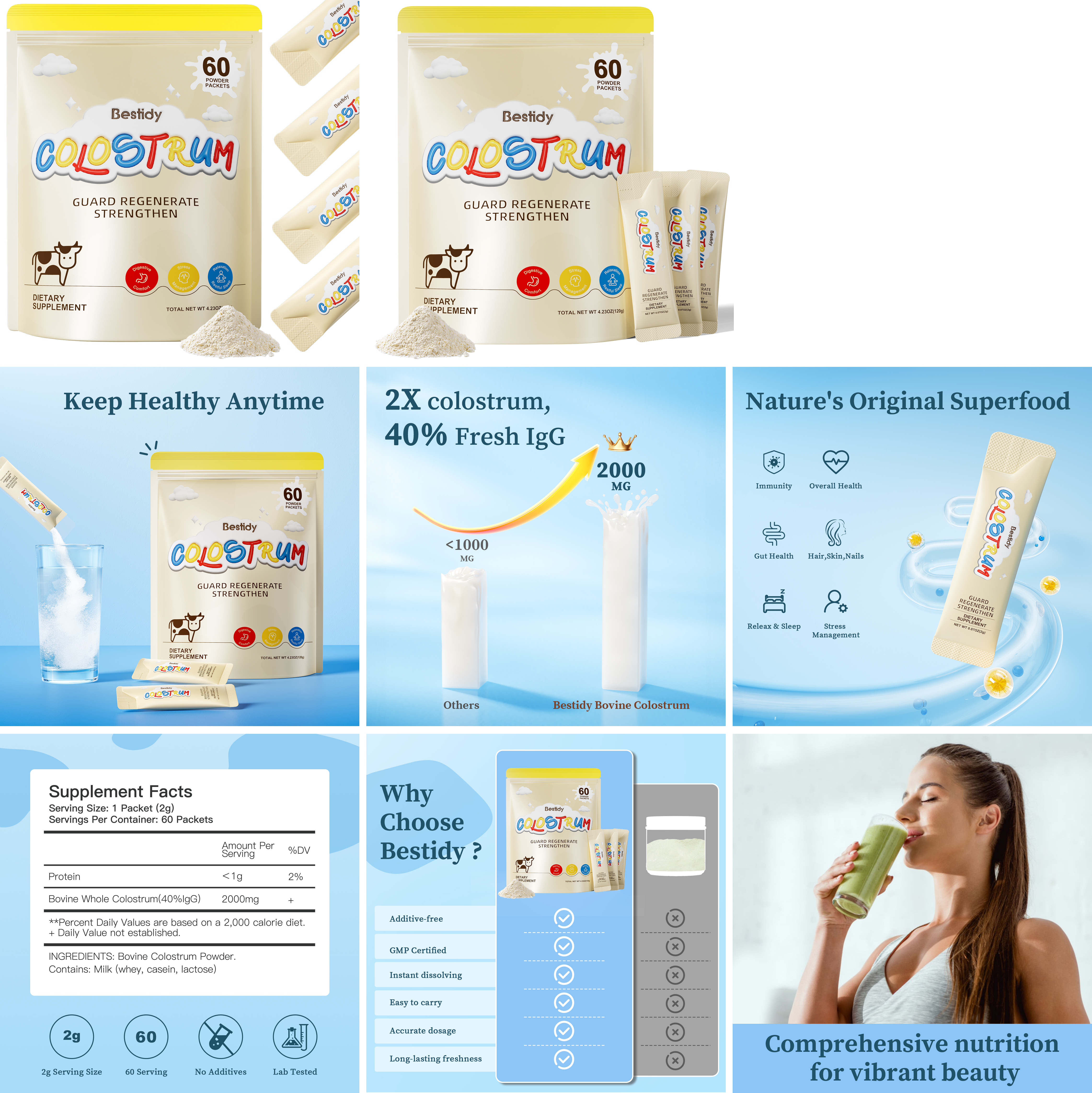 Bestidy Colostrum Supplement,Pure 40% IgG Colostrum Powder for Gut, Hair Growth, Beauty, Individually Packaged,Natural Superfood Bovine Colostrum Powder,(60 Servings) 4.23 Oz