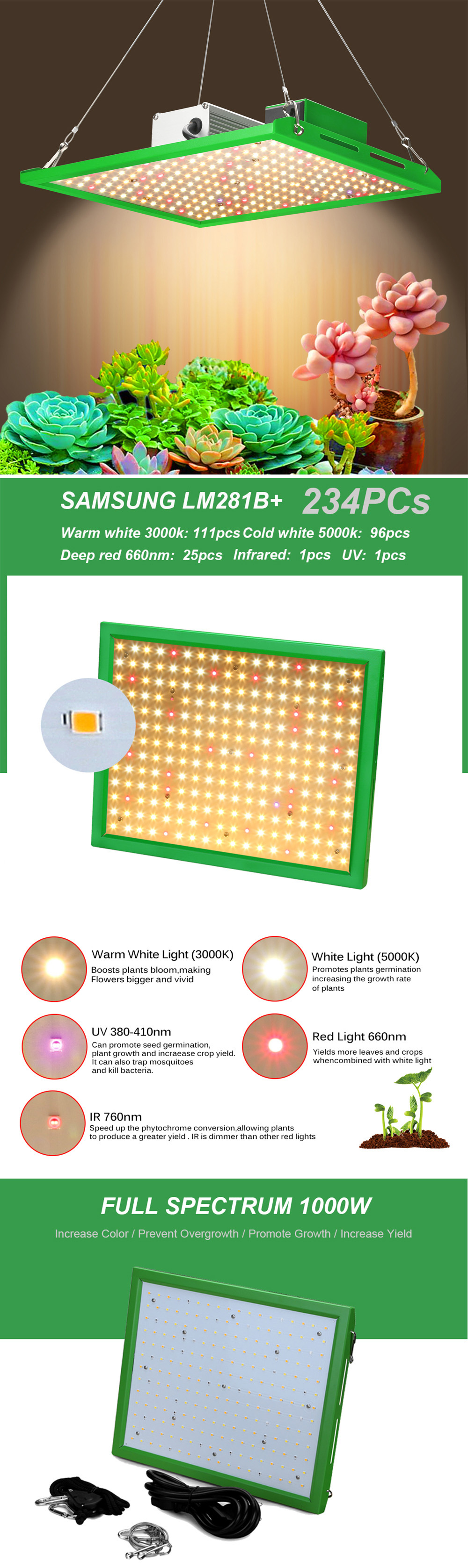 Details about   LED chip grow light 100W full spectrum 380nm-840nm for indoor plants 