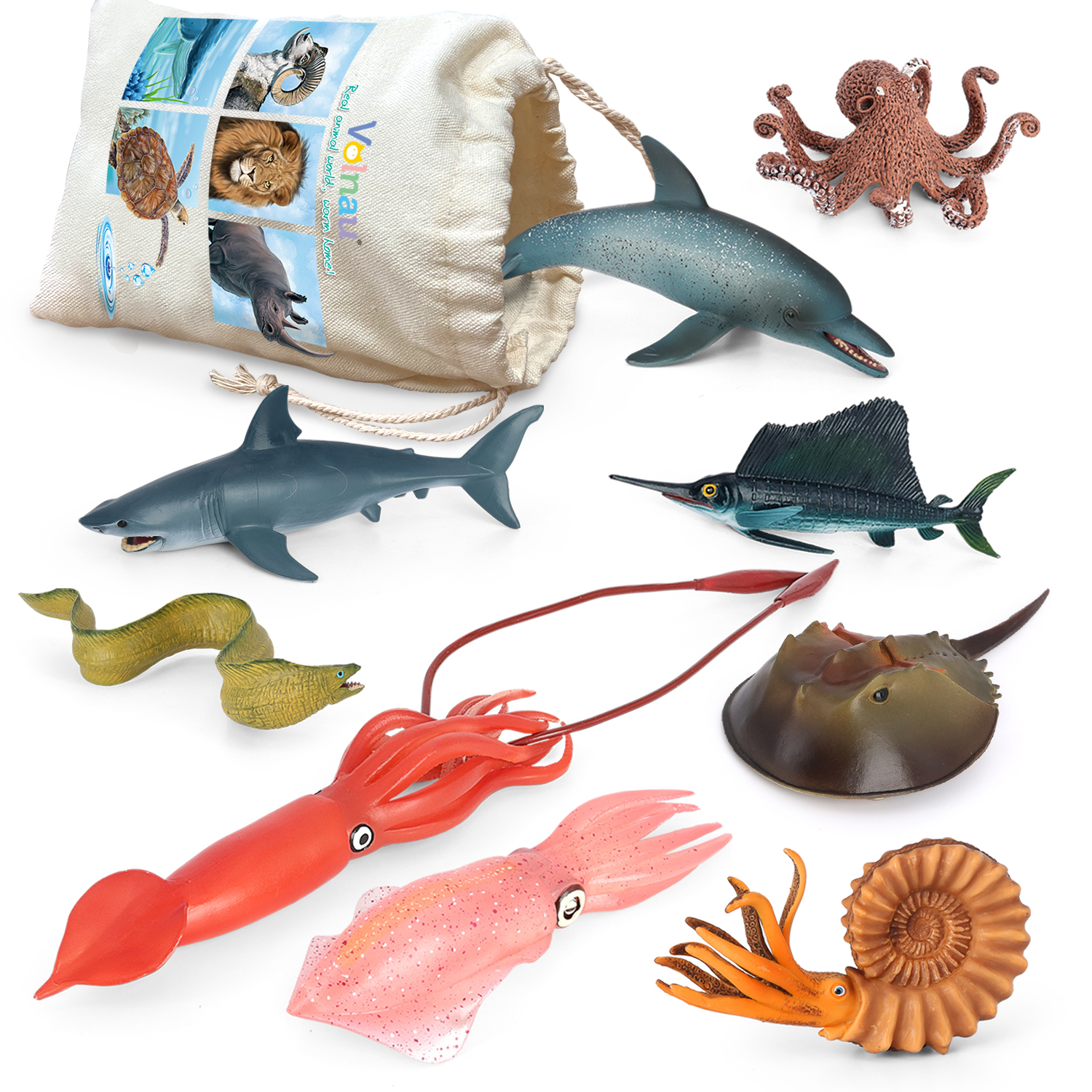 Volnau 9PCS Pacific Ocean Animal Figurines Sea Creature Toys Sea Shark Toys  for Toddlers Kids Christmas Birthday Gift Plastic Fish Toys Preschool Pack  and Bath Dolphin Sets
