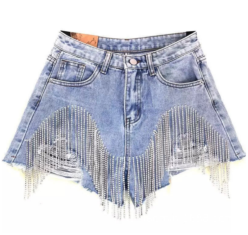 denim shorts with rhinestone fringe