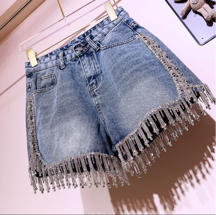 denim shorts with rhinestone fringe