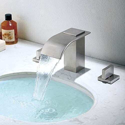 Deck Mount Double Handles 3 Holes Waterfall LED Widespread Bathroom Sink Faucet 