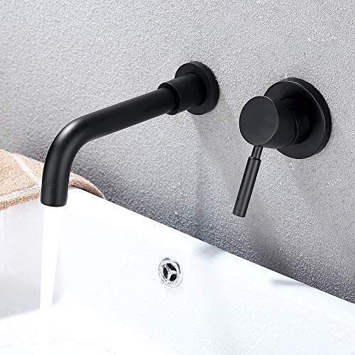 Wall Mount Bathroom Sink Faucet Black Single Handle 2 Holes Washroom Vanity Tap - Wall Mount Lavatory Faucet With Valve