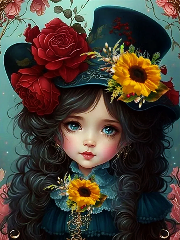 Sunature Diamond Painting Art Full Square Round Drills Flowers Girl