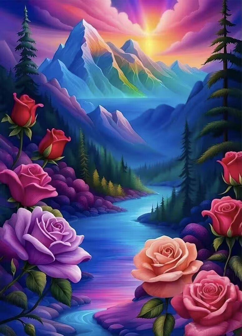 Sunature AB Diamond Painting Art Full Square Round Drills Rose Mountain ...