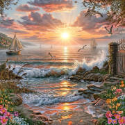 Sunature Diamond Painting Art Full Square Round Drills Ocean Horizon Sunrise Diamond Painting Kit