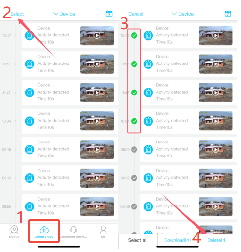 App screen showing how to delete individual videos from cloud storage