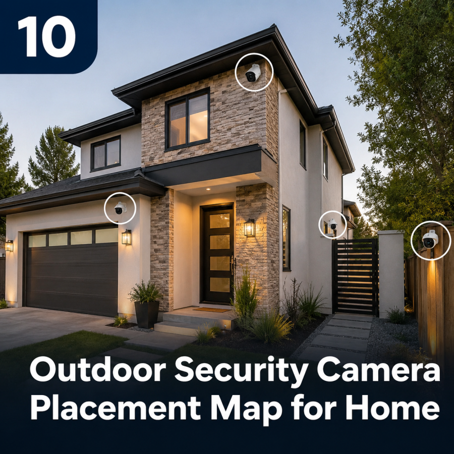 Outdoor Security Camera Placement Map for Home: Front Door, Backyard, Driveway, Garage, and Side Gate