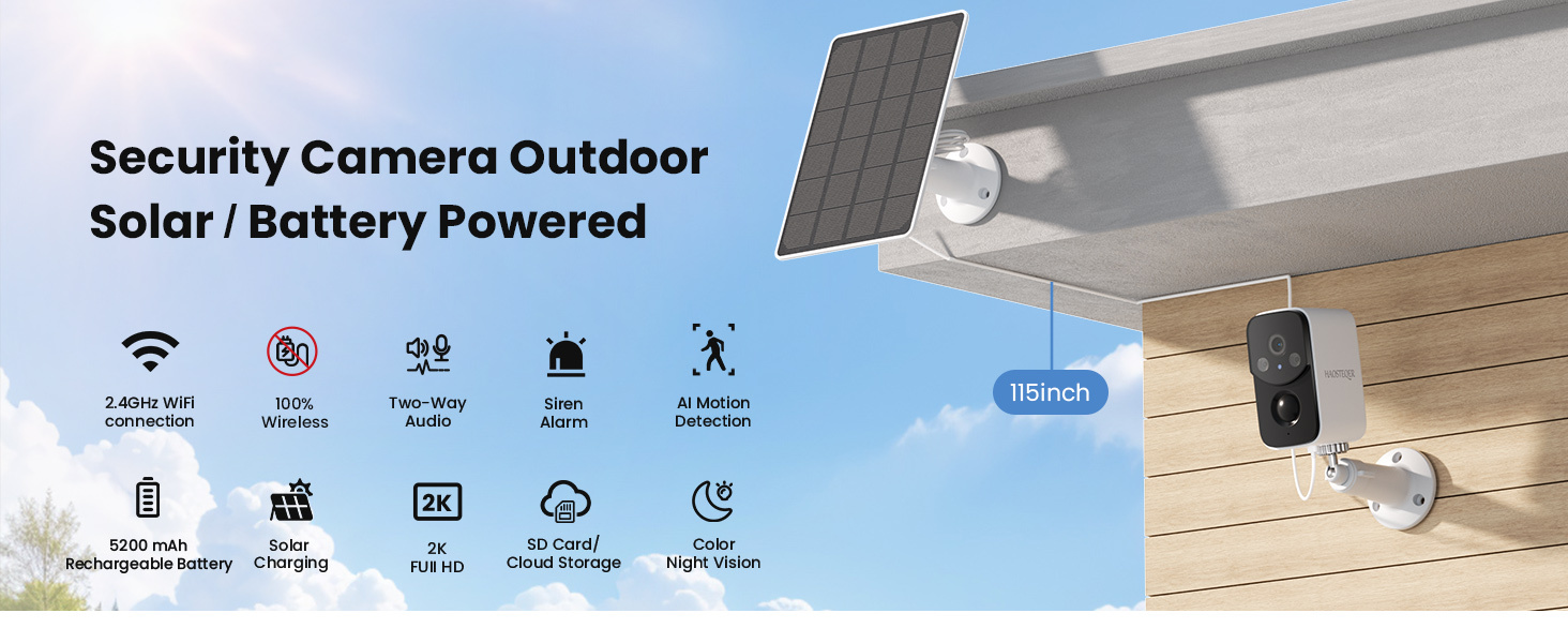 Security Cameras Wireless Outdoor, Solar WiFi Cameras for Home Security, Motion Detection, Instant Phone Notifications, SD/Cloud Storage, 2K Color Night Vision, IP66 Waterproof