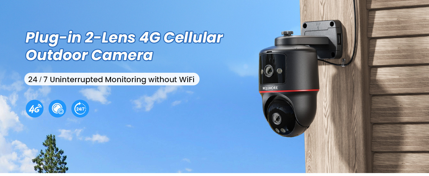 4G LTE Dual-Lens Surveillance Camera, 2K Wired No WiFi CCTV Camera, Outdoor Security Camera, Motion Detection & Auto Tracking, Plug-in Power, 24/7 Recording, 360° View, 2-Way Audio, Color Night Vision, Includes 64GB SD Card