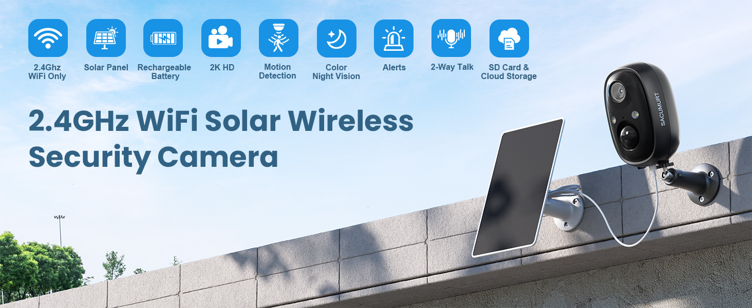 2 Pcs Solar-Powered WiFi Camera Security, Wireless Surveillance Camera, Smart Home Safety Camera, Mini Camera, Motion Detection, Two-Way Audio, 2K Color Night Vision, SD/Cloud Storage, Remote Access, Suitable for Outdoor, Garage & Backyard