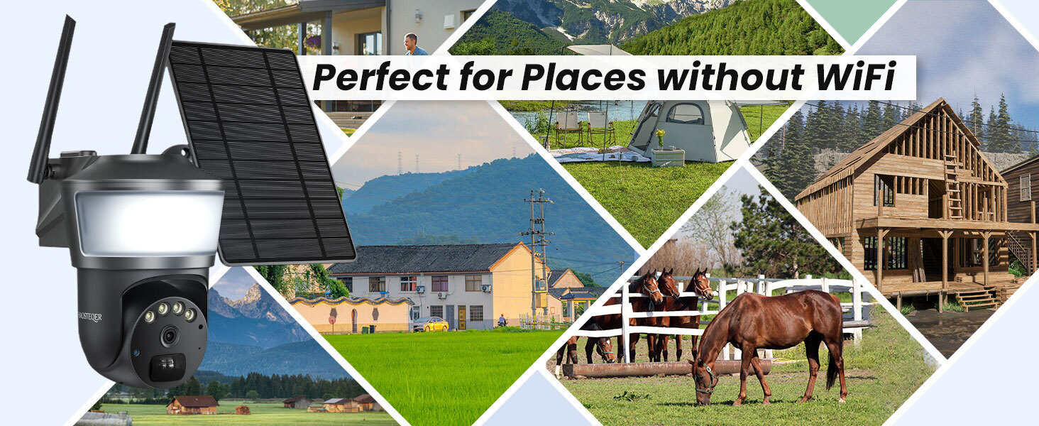 4G LTE Cellular Security Camera Wireless Outdoor, No WiFi Security Cameras Solar Powered, PIR Detection, 360°Cameras for Home Security with Floodlight, 2K Color Night Vision, Built-in SIM Card