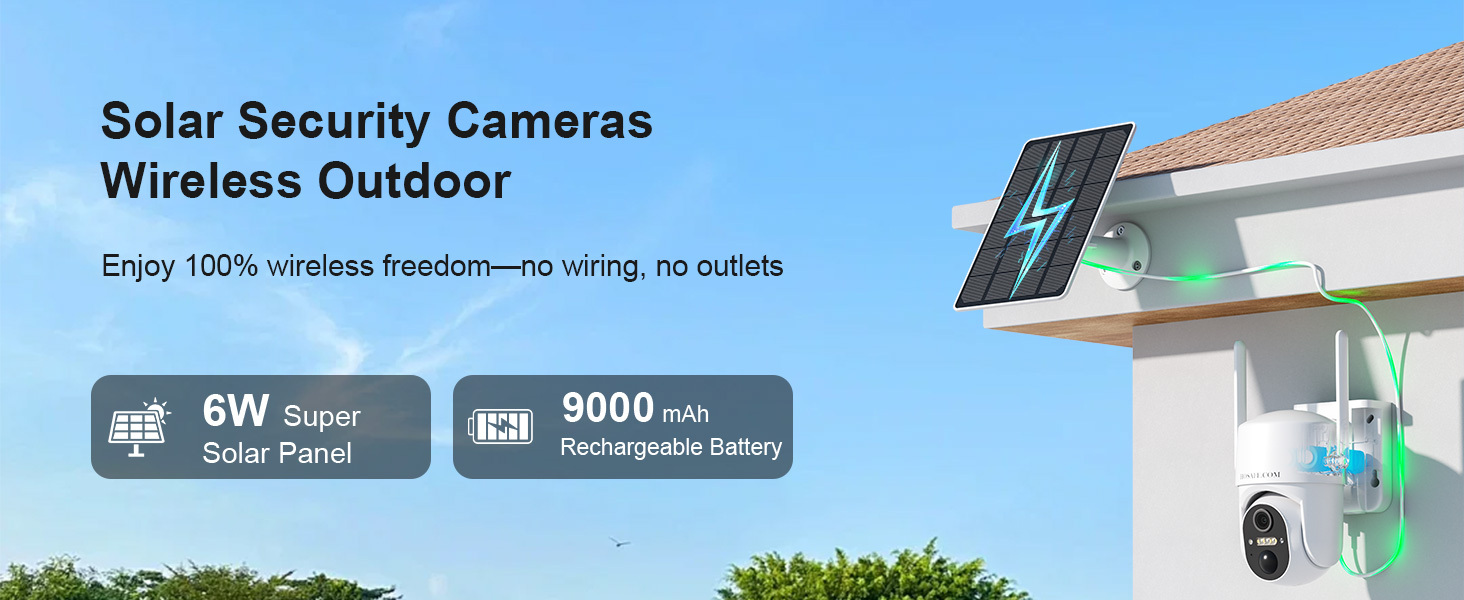 Wireless WiFi Camera, Security Camera Outdoor, Solar-Powered CCTV Camera, Color Night Vision, PIR Motion Detection, 360° View, Two-Way Audio, SD/Cloud Storage, Remote Control, Ideal for Garage, Backyard & Entrance