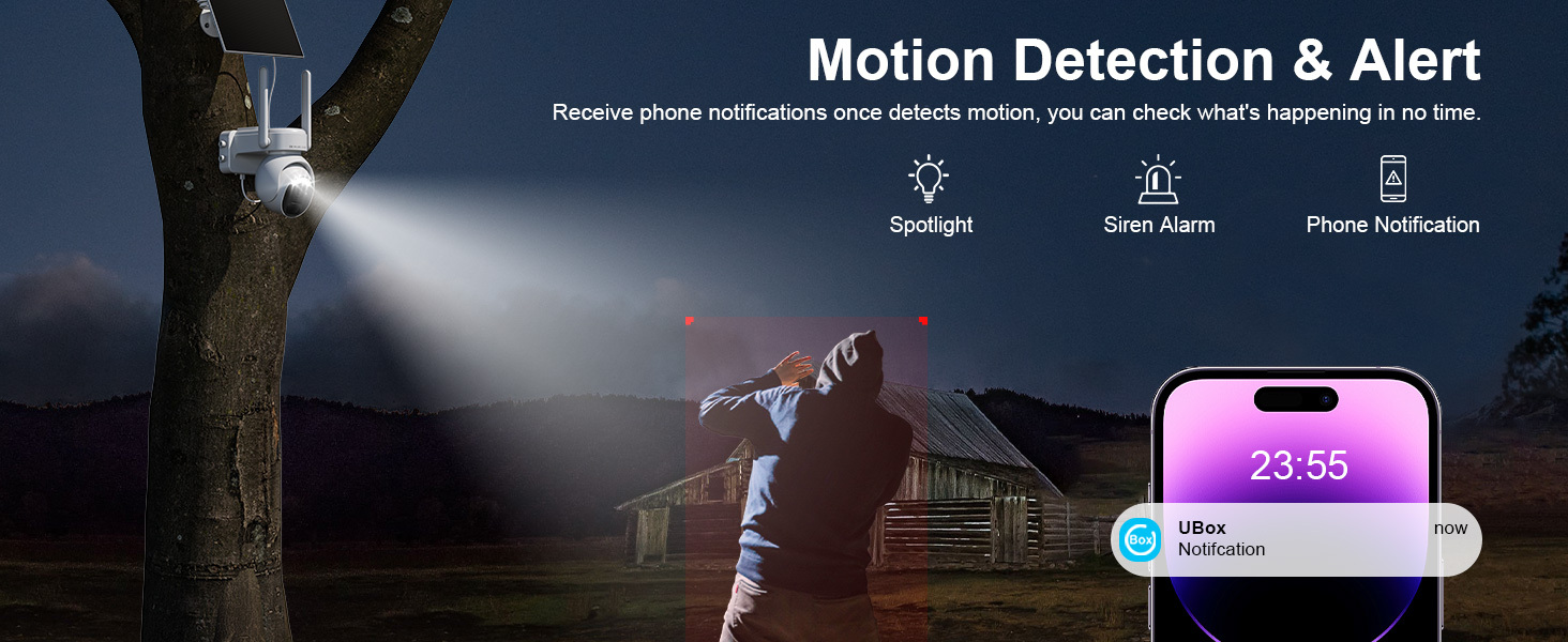 4G Cellular Security Camera, Solar-Powered Surveillance Camera, Wireless CCTV Camera, PIR Motion Detection, Siren, Phone Notification, 360° PTZ, Two-Way Audio, 2K HD Color Night Vision, SD&Cloud Storage, Remote Control via Mobile Phone