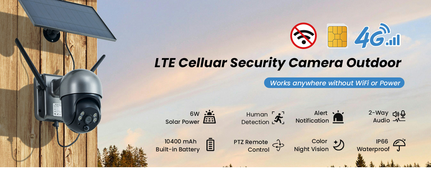 4G Cellular Security Camera Wireless Outdoor Solar Powered with SIM Card, No WiFi Needed, Motion Detection, 2K HD Color Night Vision, Waterproof, 2-Way Audio, Phone Alert, SD Card and Cloud Storage