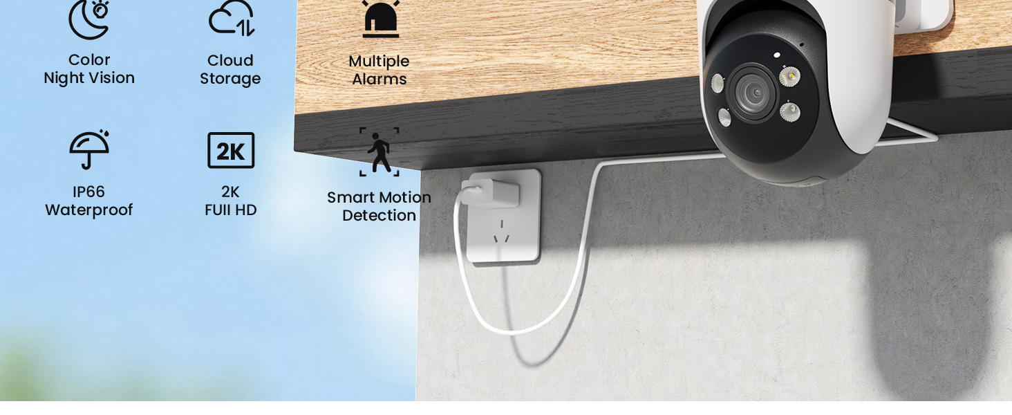 4 Pcs WiFi Outdoor Camera Security, Plug-in Surveillance Camera, Security Camera with PIR Motion Detection, Two-Way Audio, 24/7 Recording, Color Night Vision, 360° View, Cloud Storage, Ideal for Garage, Backyard & Entrance, App Remote Control