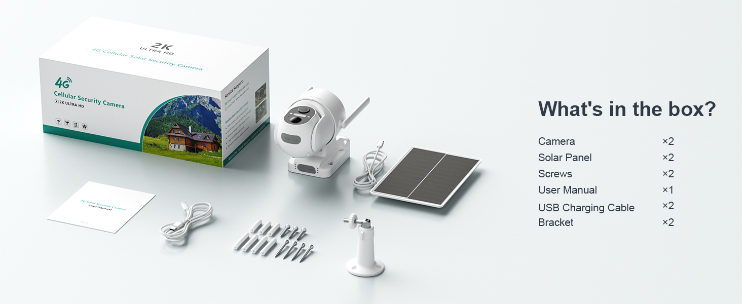 2 Pcs 4G LTE Wireless Surveillance Camera, Solar-Powered Outdoor Camera, Security Camera Wireless Outdoor, 2K HD Color Night Vision, Two-Way Audio, 360° PTZ, PIR Motion Detection, Instant Alert, Built-in SIM Card, SD/Cloud Storage, Remote Access