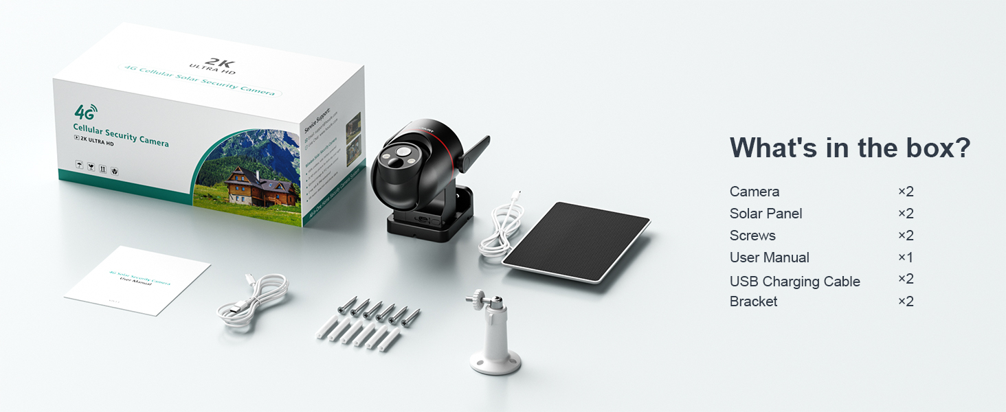 2 Pcs 4G Cellular Security Camera Outdoor, Solar-Powered CCTV Camera Wireless, Smart Home Safety Camera, Motion Detection, Instant Alerts, HD Color Night Vision, 360° View, 2-Way Talk, Built-in SIM Card, App Remote Control