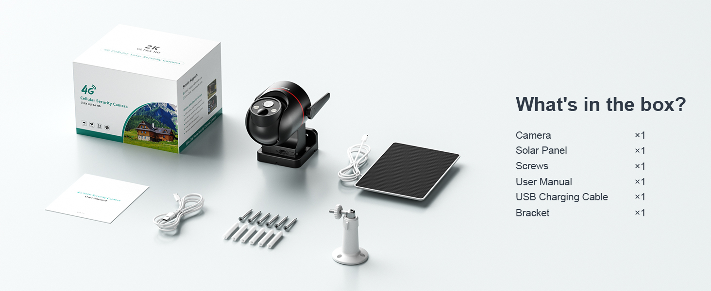 1 PC Solar-Powered Security Camera, 4G LTE Surveillance Camera Outdoor, Wireless Camera Security, PIR Motion Detection, 2K Color Night Vision, 360° PTZ, 2-Way Audio, SD&Cloud Storage, App Remote Access