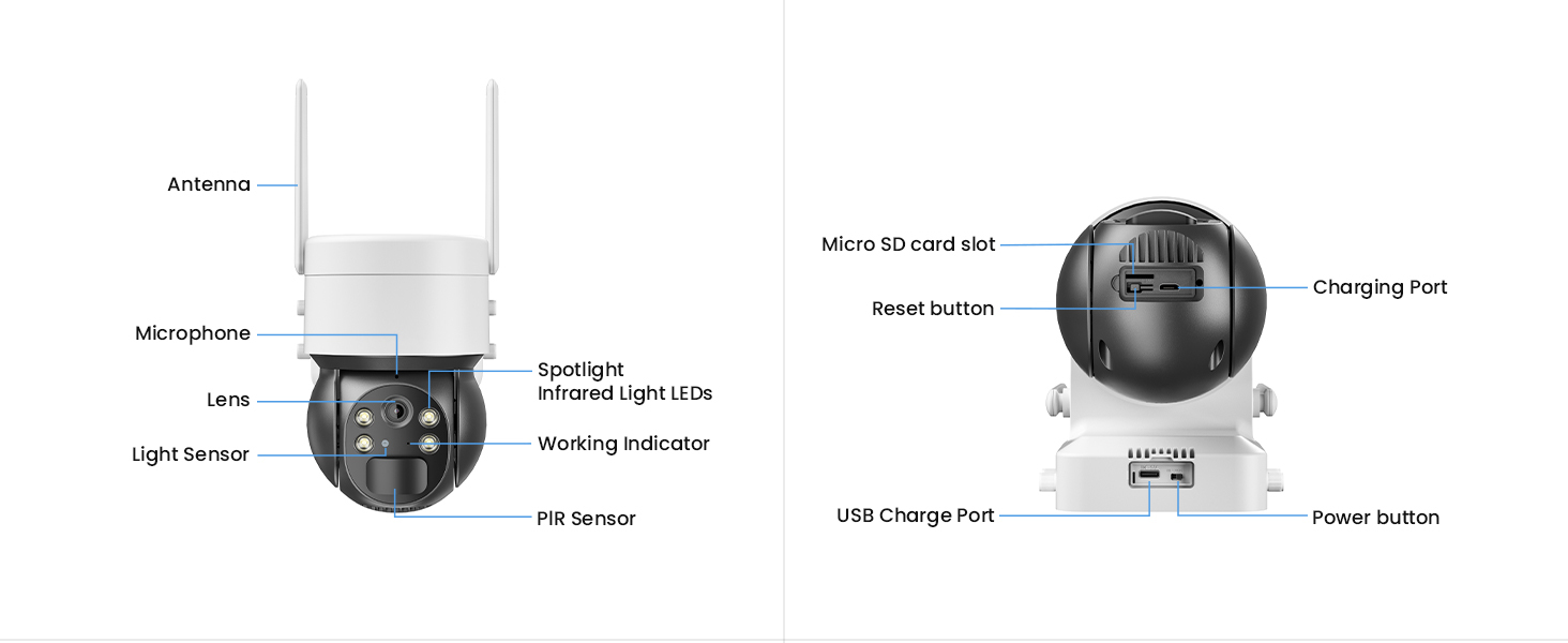 2 Pcs WiFi Security Camera, Wireless Solar Camera Outdoor, Surveillance Camera for Home Security, PIR Motion Detection, Two-Way Audio, Color Night Vision, 360° PTZ Remote Control, SD Card/Cloud Storage, Works with Phone