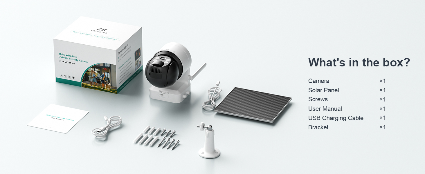 2K HD Solar WiFi Camera, Outdoor Camera Wireless, Security Camera with Motion Detection, Instant Alert, Color Night Vision, Two-Way Audio,  360° PTZ, SD Card/Cloud Storage, App Remote Control