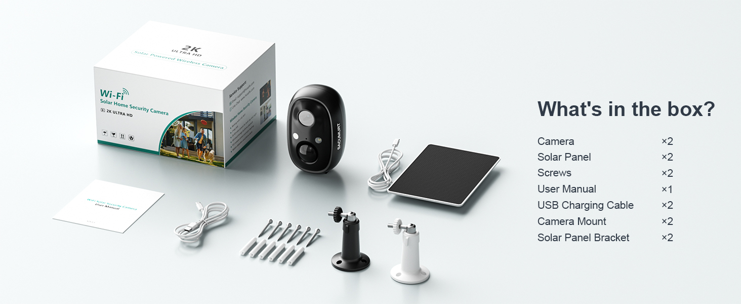 2 Pcs Solar-Powered WiFi Camera Security, Wireless Surveillance Camera, Smart Home Safety Camera, Mini Camera, Motion Detection, Two-Way Audio, 2K Color Night Vision, SD/Cloud Storage, Remote Access, Suitable for Outdoor, Garage & Backyard