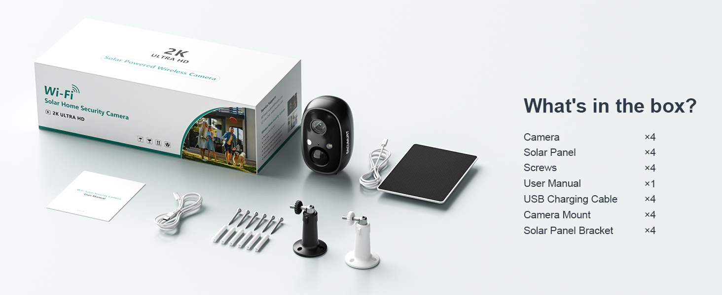 4 Pcs WiFi Surveillance Camera, Solar Security Camera, Wireless Camera Outdoor, 2K Color Night Vision, Motion Detection, Two-Way Audio, Remote Access via APP, SD/Cloud Storage, Suitable for Entrance, Garage & Courtyard