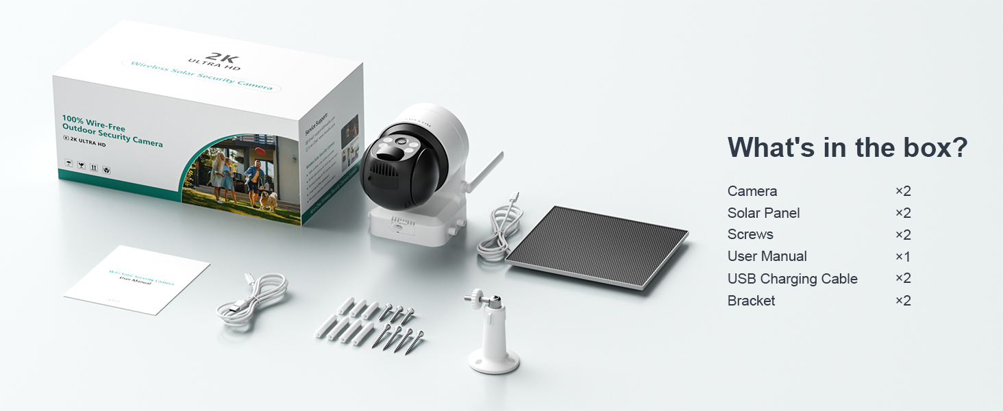 2 Pcs WiFi Security Camera, Wireless Solar Camera Outdoor, Surveillance Camera for Home Security, PIR Motion Detection, Two-Way Audio, Color Night Vision, 360° PTZ Remote Control, SD Card/Cloud Storage, Works with Phone