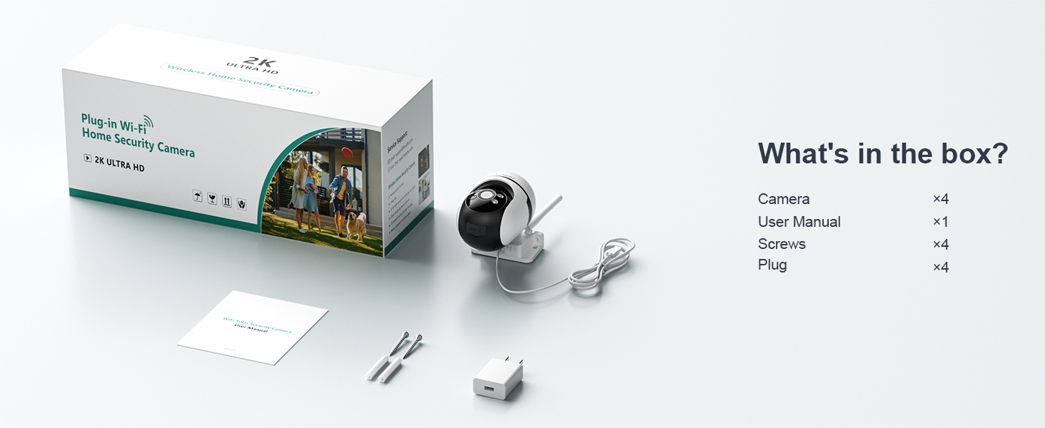 4 Pcs WiFi Outdoor Camera Security, Plug-in Surveillance Camera, Security Camera with PIR Motion Detection, Two-Way Audio, 24/7 Recording, Color Night Vision, 360° View, Cloud Storage, Ideal for Garage, Backyard & Entrance, App Remote Control