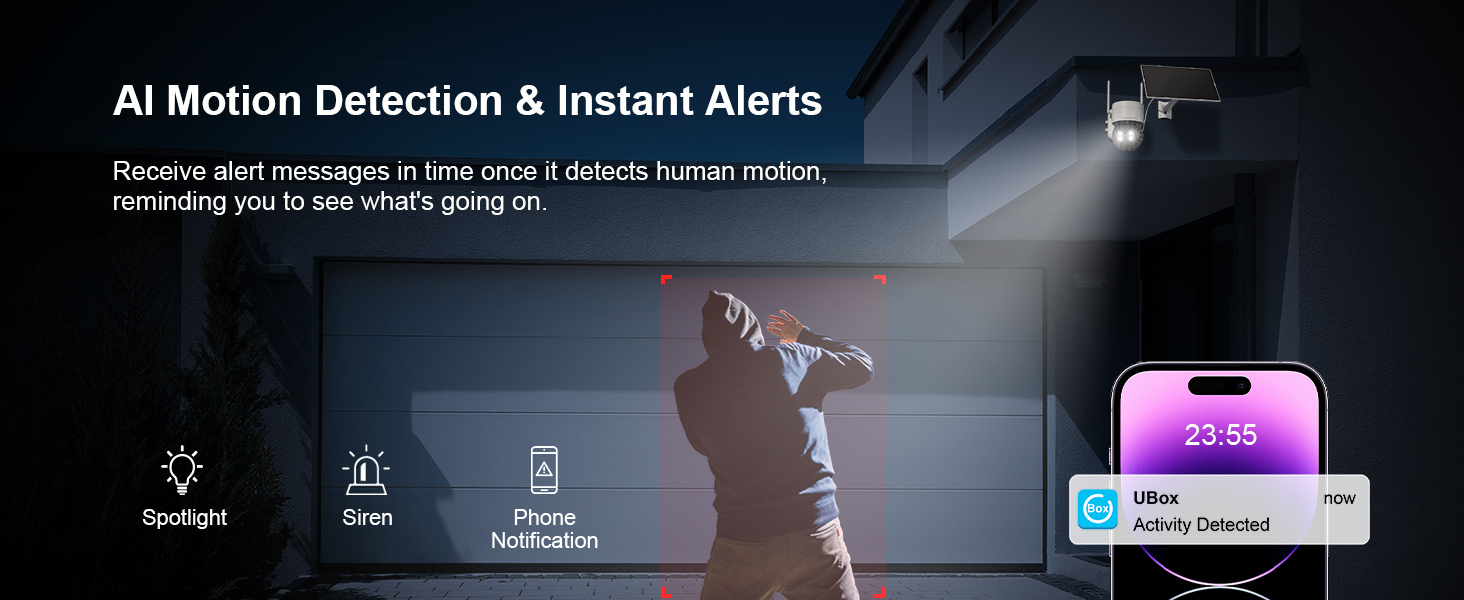 2K HD Solar WiFi Camera, Outdoor Camera Wireless, Security Camera with Motion Detection, Instant Alert, Color Night Vision, Two-Way Audio,  360° PTZ, SD Card/Cloud Storage, App Remote Control