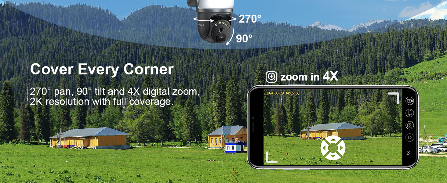 4G LTE Cellular Security Camera Wireless Outdoor, No WiFi Security Cameras Solar Powered, PIR Detection, 360°Cameras for Home Security with Floodlight, 2K Color Night Vision, Built-in SIM Card