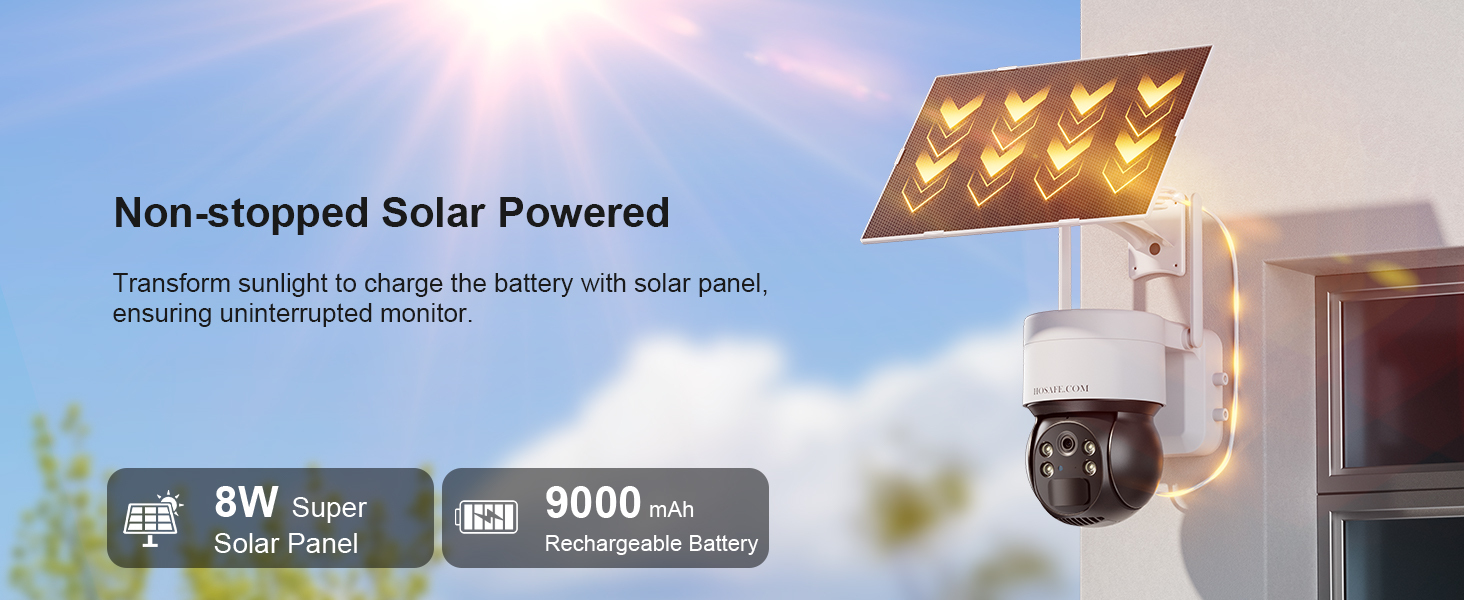 2K HD Solar WiFi Camera, Outdoor Camera Wireless, Security Camera with Motion Detection, Instant Alert, Color Night Vision, Two-Way Audio,  360° PTZ, SD Card/Cloud Storage, App Remote Control