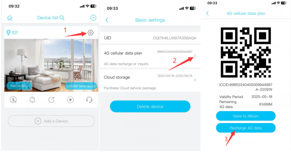 UBox app screen showing 4G cellular data subscription option for a HOSAFE camera