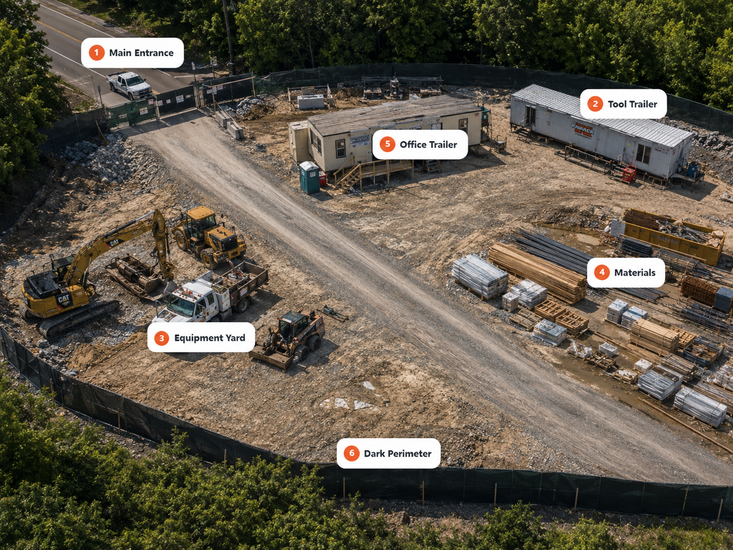 Example jobsite security camera placement plan showing entrance, equipment yard, material storage, tool trailer, office trailer and perimeter